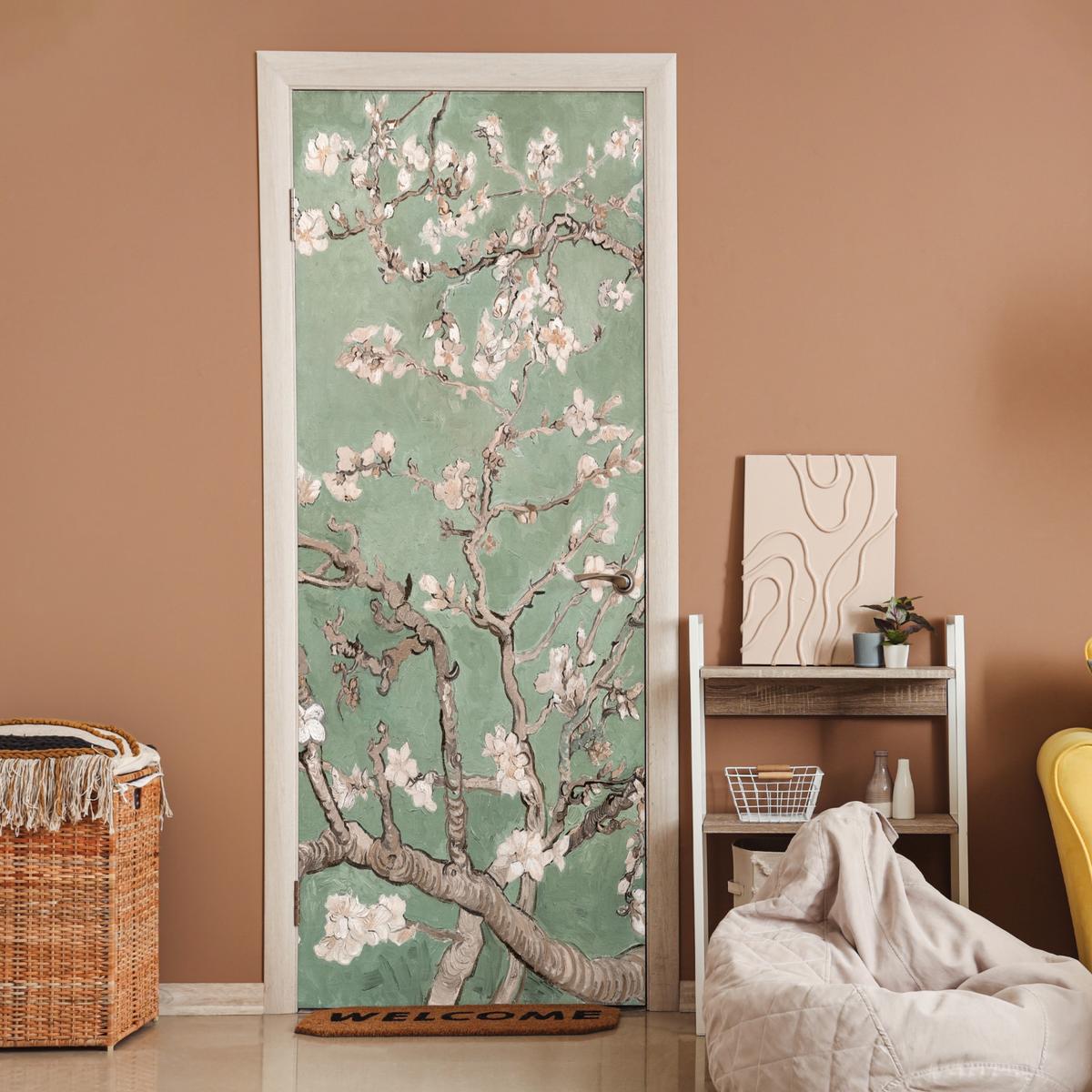 TÜRAUFKLEBER Selbstklebend - Mandelblüte - Kunst - Van Gogh - Grün 95x235 cm - Türtapete - Salbeigrün, Kunststoff (95/235cm) - MuchoWow