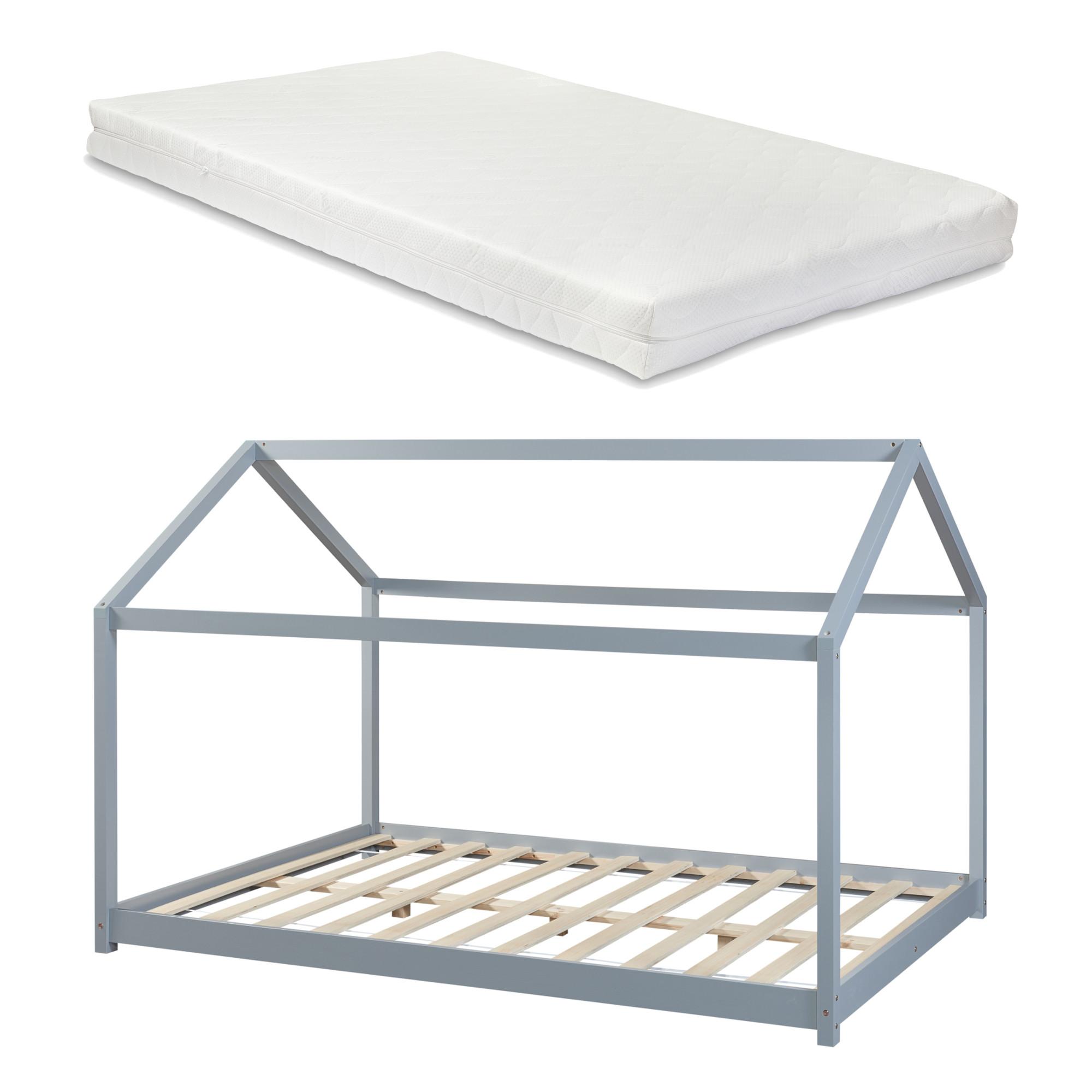 HAUSBETT Cerro mit Matratze - Grau, Holz/Textil (140/200cm) - [en.casa]