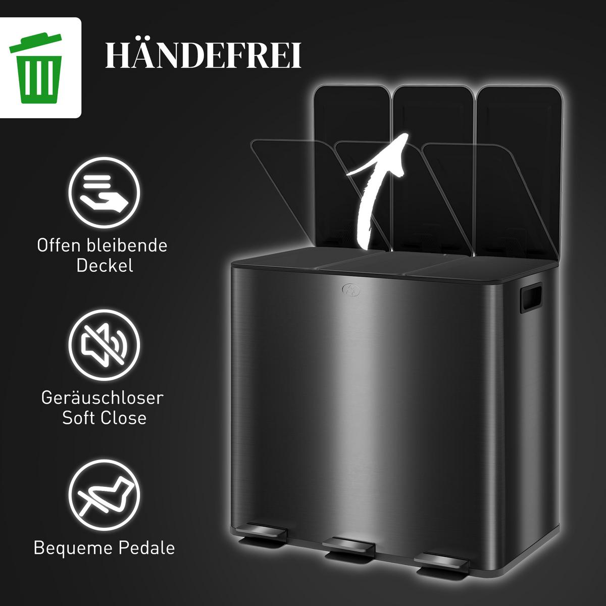 MÜLLEIMER 3x15L Abfalleimer aus Edelstahl mit Softclose Deckel Deodorant-Fächern - Anthrazit, Metall (36.6/43.2/61.9cm) - HOMCOM