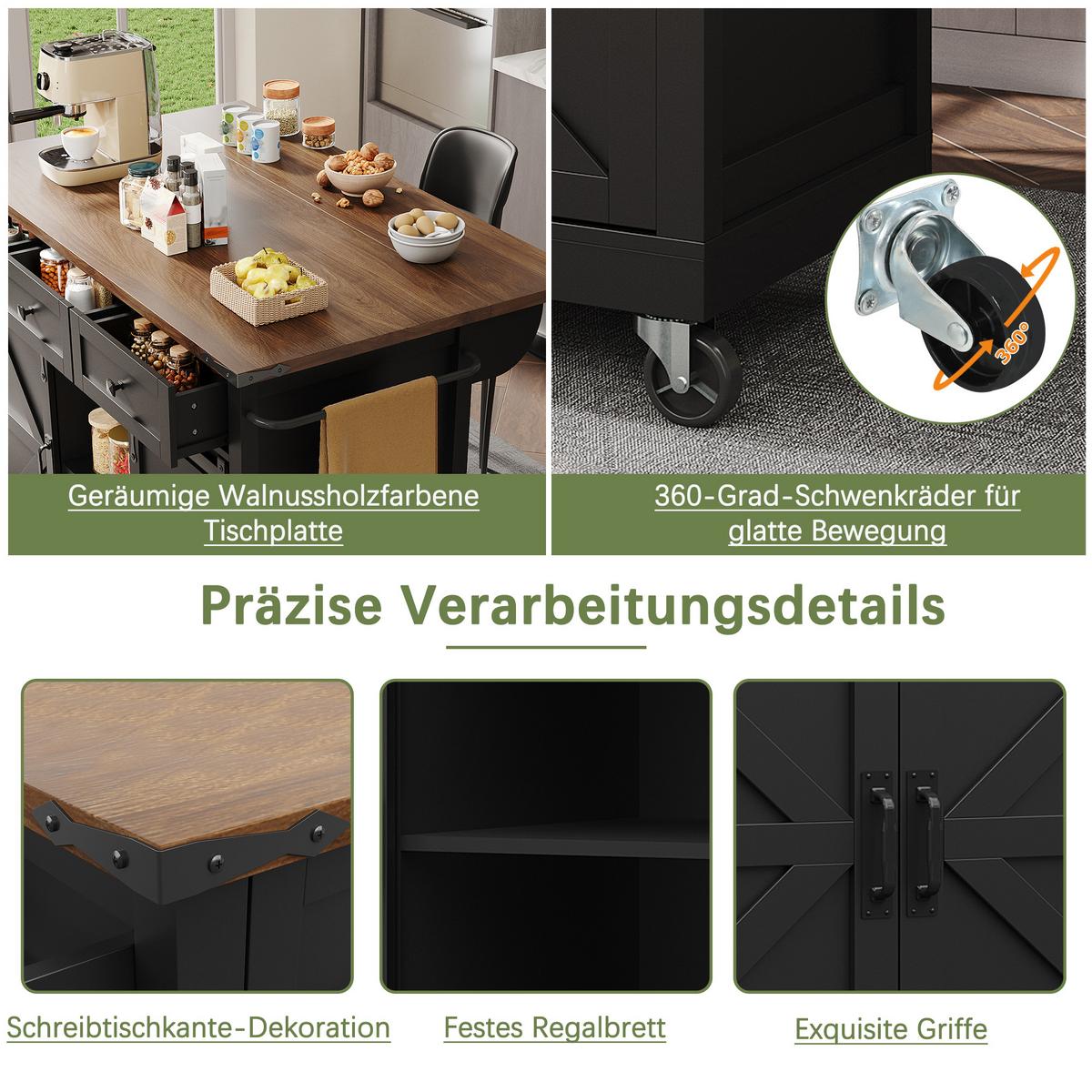 KÜCHENINSEL Schwarz mit Klapptisch, Schiebetüren & Rollen - Schwarz, Holzwerkstoff (140/94/45cm) - Urban Meuble