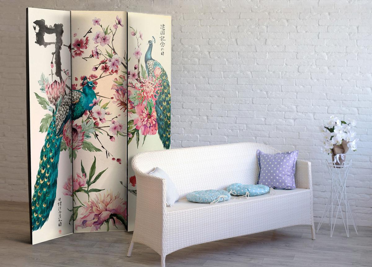 PARAVENT Akustik 3-tlg 135x172 cm Pfauen V gel und Blumen - Multicolor, Holz/Textil (135/172/3cm) - Muralo