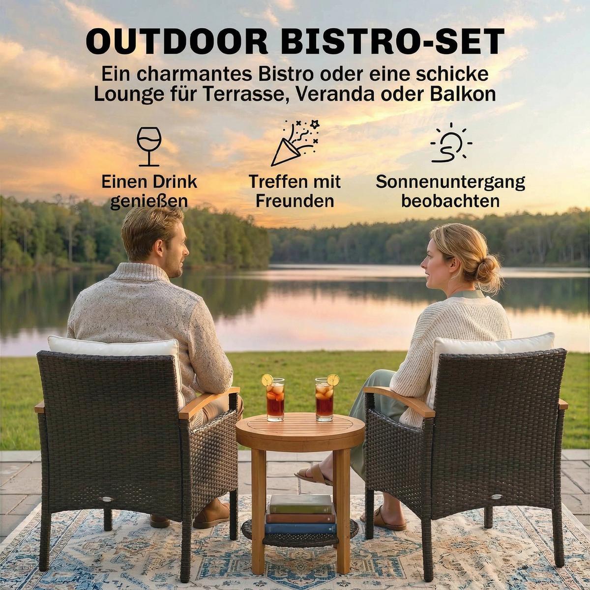 SITZGRUPPE 3-teilig aus PE-Rattan Stahl Cremeweiß - Creme/Braun, Kunststoff/Textil - Outsunny