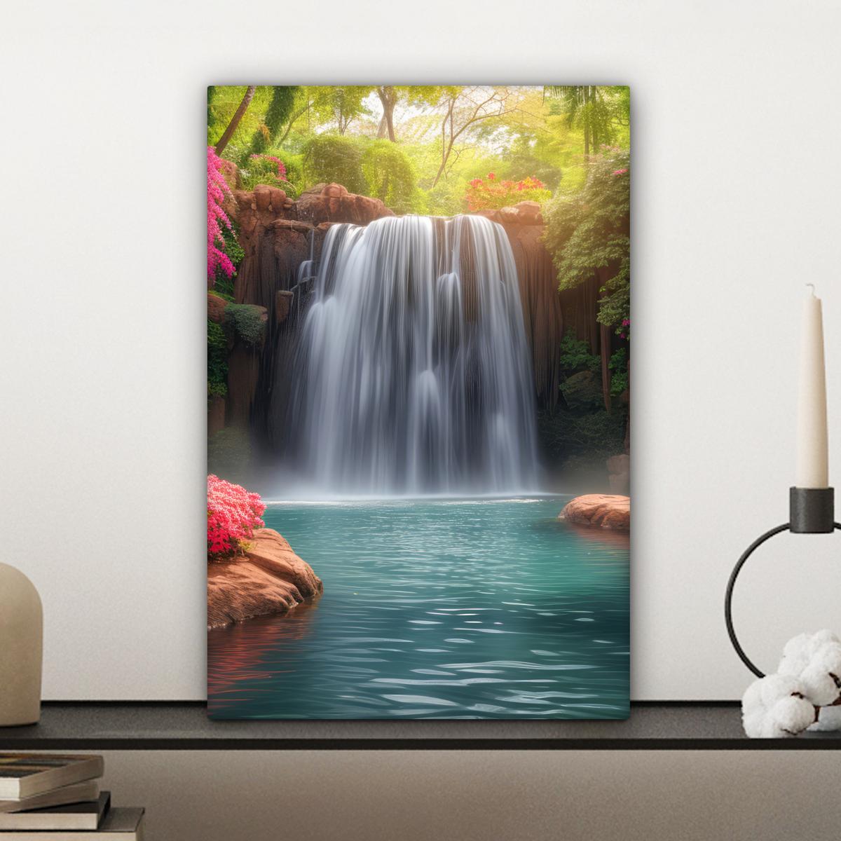 LEINWANDBILD Wasserfall - Natur - Pflanzen - Dschungel - Wasser Deko Wohnzimmer 20x30 cm - Grün, Textil (20/30cm) - MuchoWow