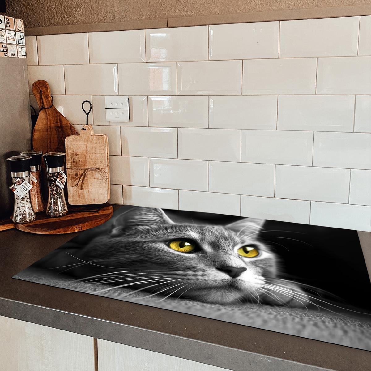 HERDABDECKPLATTE Katze - Grau - Tiere - Katze Abdeckung Ceranfeld 81.2x52 cm - Grau, Kunststoff (81.2/52/0.2cm) - MuchoWow