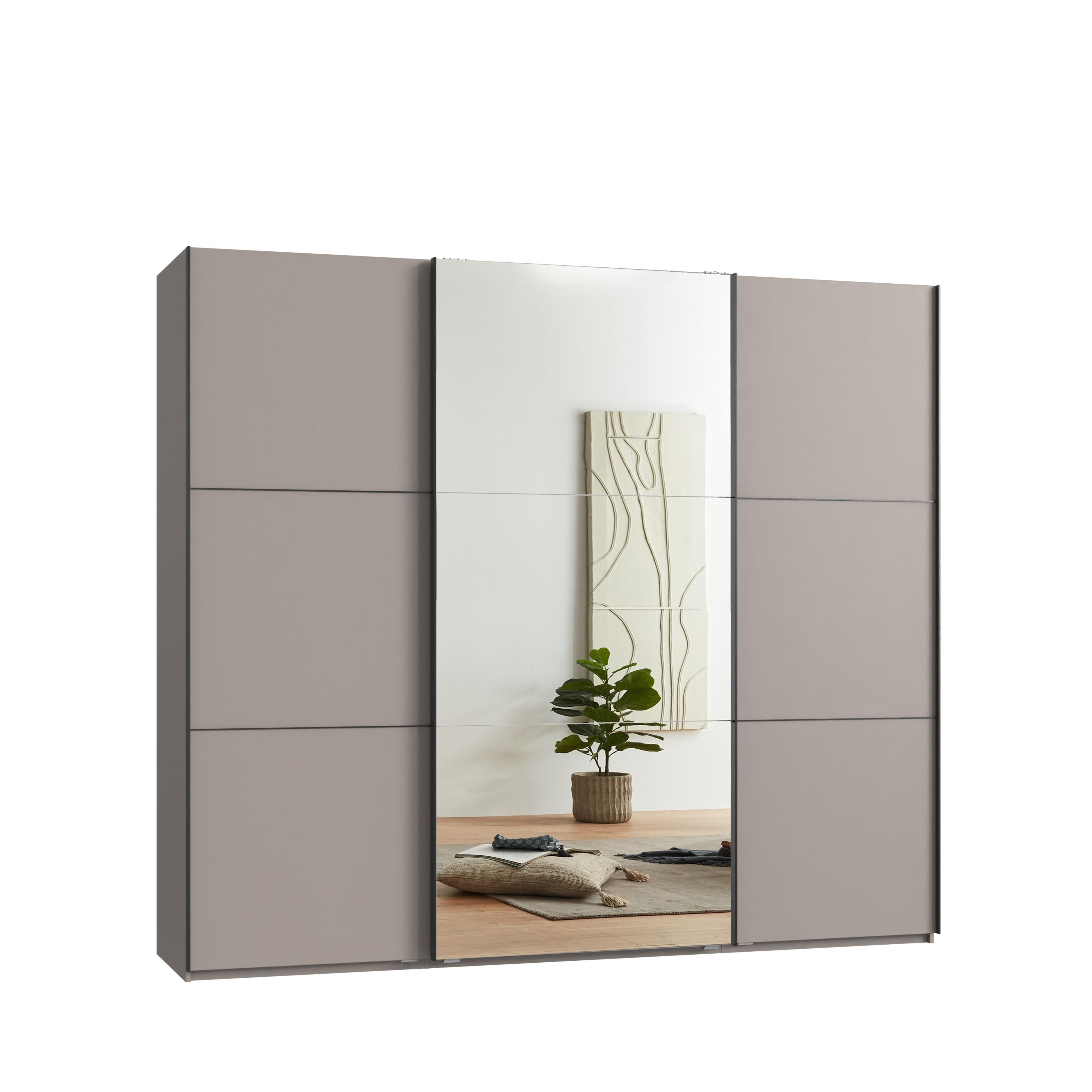 SCHWEBETÜRENSCHRANK 3-türig B250/H216/T65 cm in Sandgrau, eine Spiegeltür, Kleiderschrank inkl. Vollausstattung / 22014 - Sandfarben/Rot, Holzwerkstoff/Metall (250/216/65cm) - luma-home