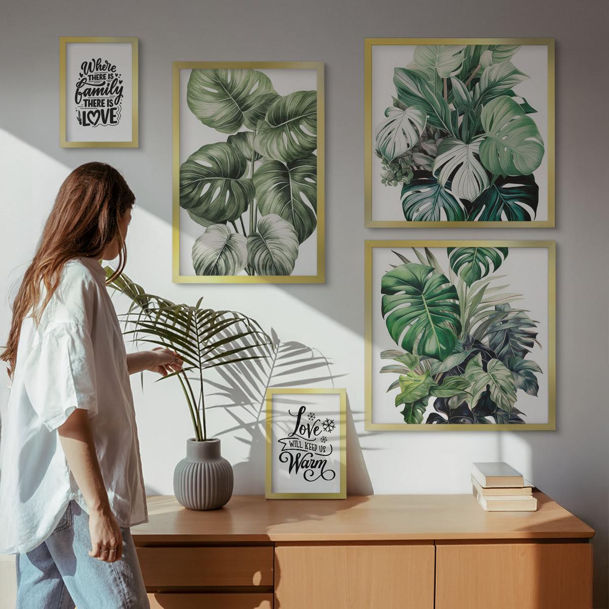 BILDER SET 5er Set - 50x50 cm & 20x30 cm & 40x60 cm Goldrahmen - Gemalte Abstraktionen der Natur - Goldfarben, Kunststoff (40/60cm) - TULUP