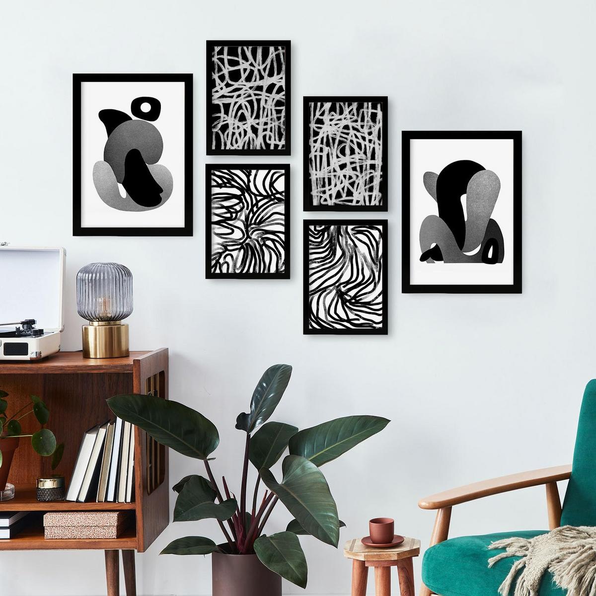POSTER Set Mit 6 Kaput Handwerk In Liebhaber Abstrakt Ästhetische Dekorative Gemälde Für Ihr Wohnzimmer Schlafzimmer Zuhause A3 & A4 Schwarzer Rahmen - Schwarz, Papier (29/3cm) - Nacnic