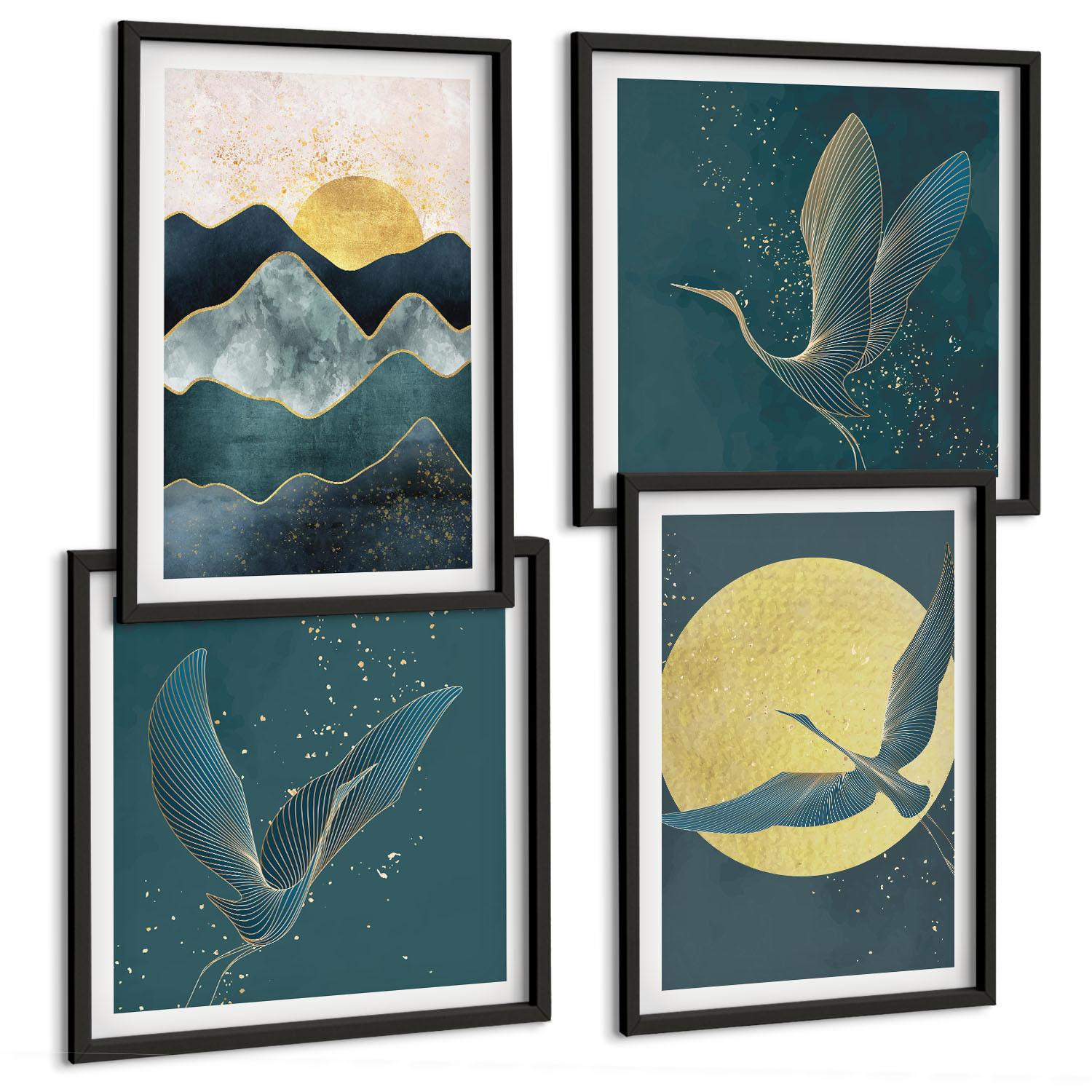 BILDER SET 4er Set - 50x50 cm & 40x60 cm Schwarzer Rahmen - Vögel, Kraniche, Mond, Berge - Schwarz, Kunststoff (50/50cm) - TULUP