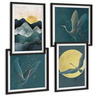 BILDER SET 4er Set - 50x50 cm & 40x60 cm Schwarzer Rahmen - Vögel, Kraniche, Mond, Berge - Schwarz, Kunststoff (50/50cm) - TULUP