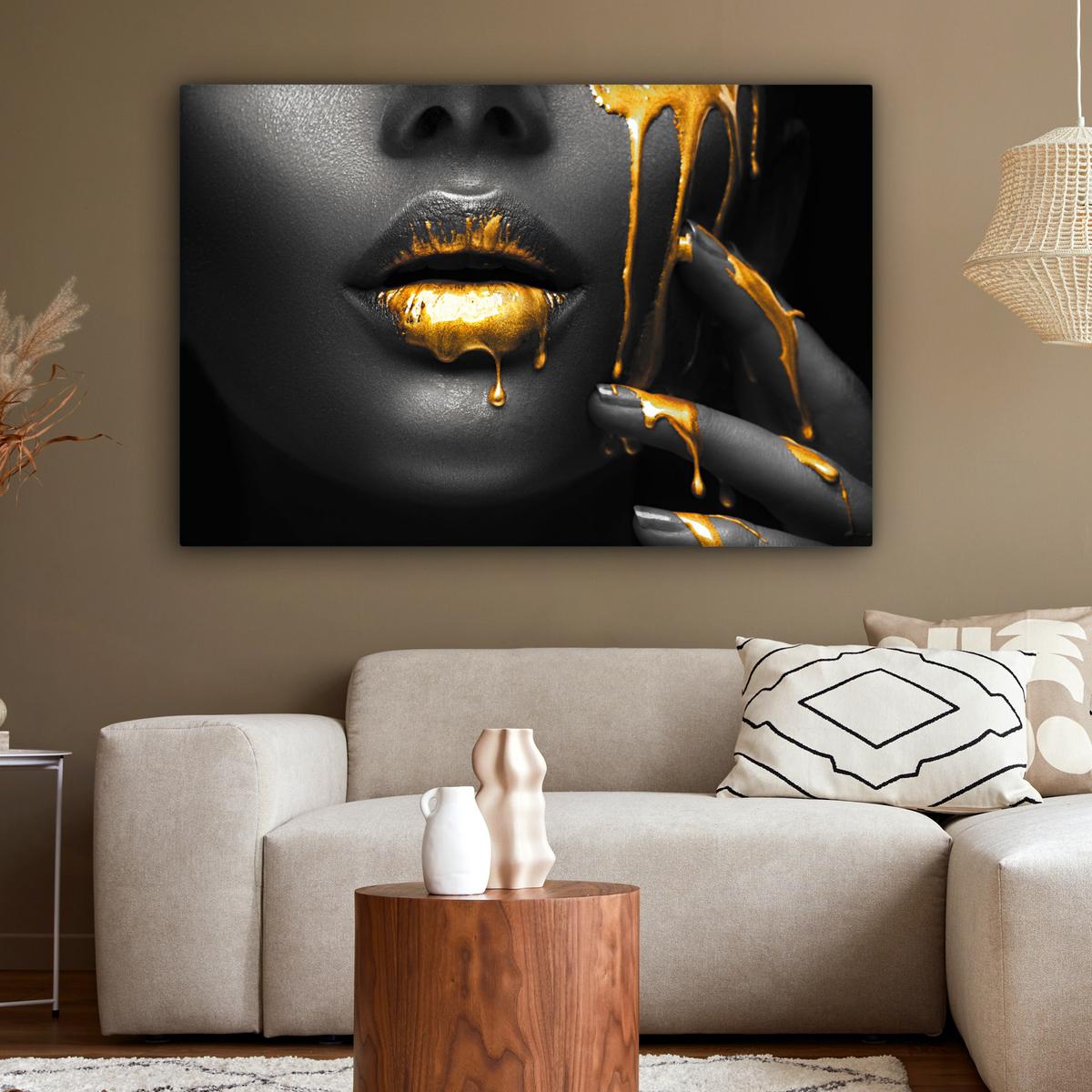 LEINWANDBILD Frau - Schwarz - Gold - Gesicht - Lippen Groß 140x90 cm - Goldfarben, Textil (140/90cm) - MuchoWow