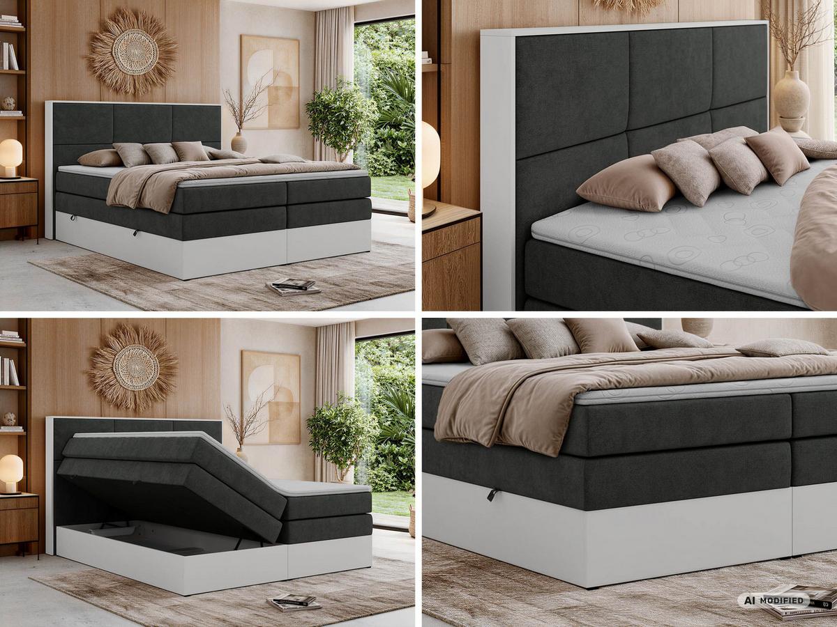 BOXSPRINGBETT DELVIT KING 200/200 - Dunkelgrau Stukture - Topper Visco - H4 - Dunkelgrau/Schwarz, Kunststoff/Textil (200/200cm) - MKS