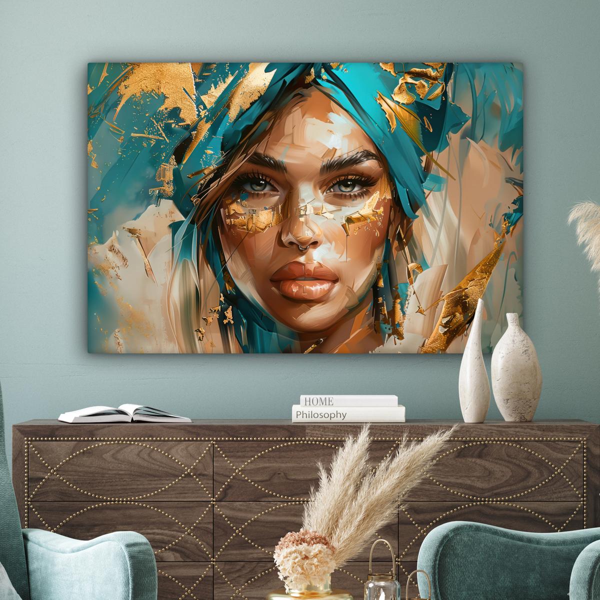 LEINWANDBILD Frau - Porträt - Gold - Luxus - Blau Groß 140x90 cm - Türkis, Textil (140/90cm) - MuchoWow