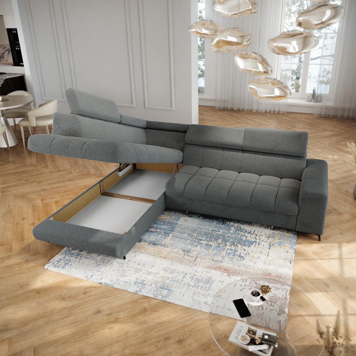ECKSOFA MORIVA Q L-S Grau Boucle-Stoff mit Schlaffunktion - Grau, Holzwerkstoff/Textil (253/190cm) - MASSENO