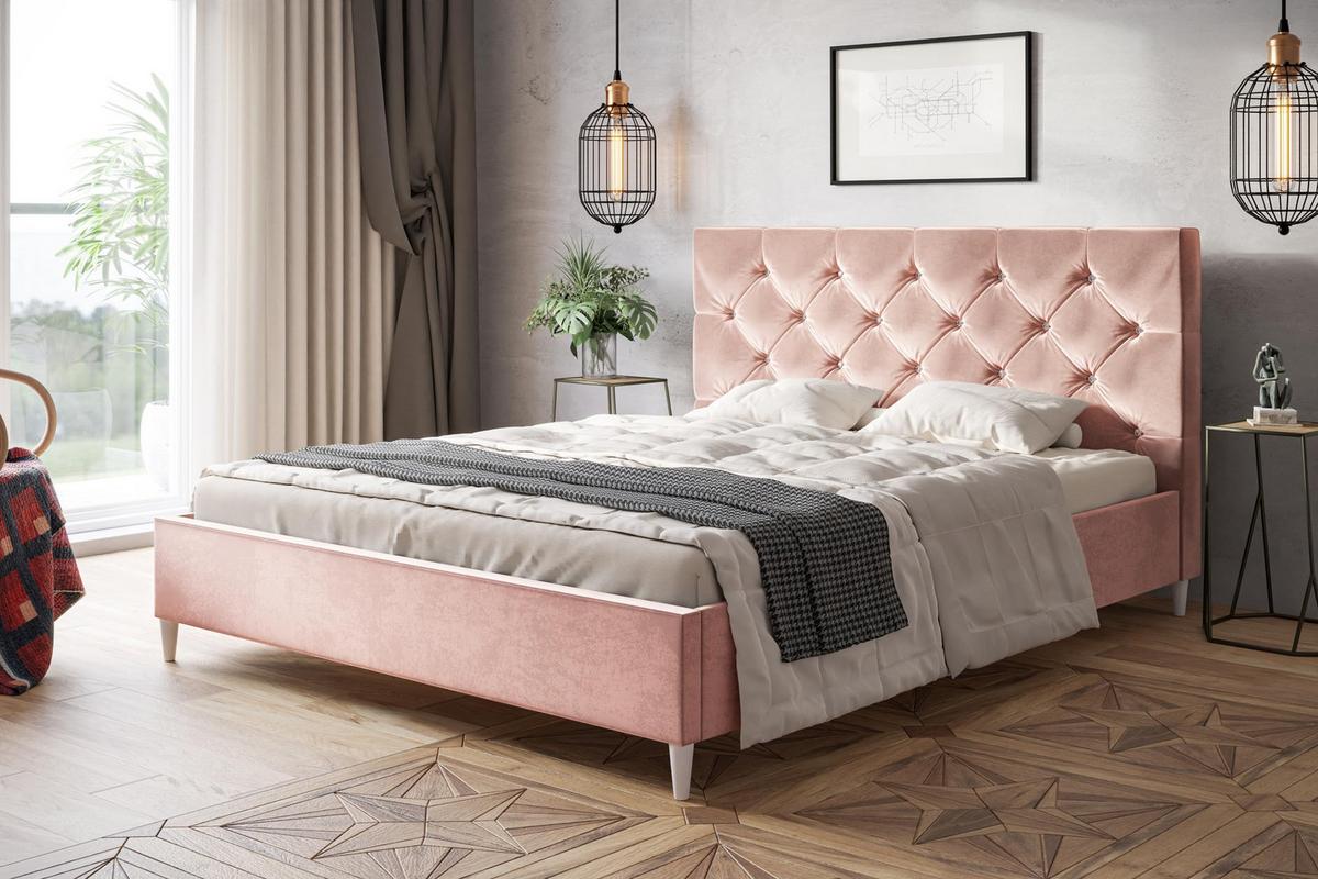 POLSTERBETT LUX Boston mit Kopfteil, 140 x 200 cm, Doppelbett mit Lattenrost aus Holz, Velourstoff Rosa, Füße in Farbe: Weiß - Pink, Holz/Textil (140/200cm) - Alpi-Möbel
