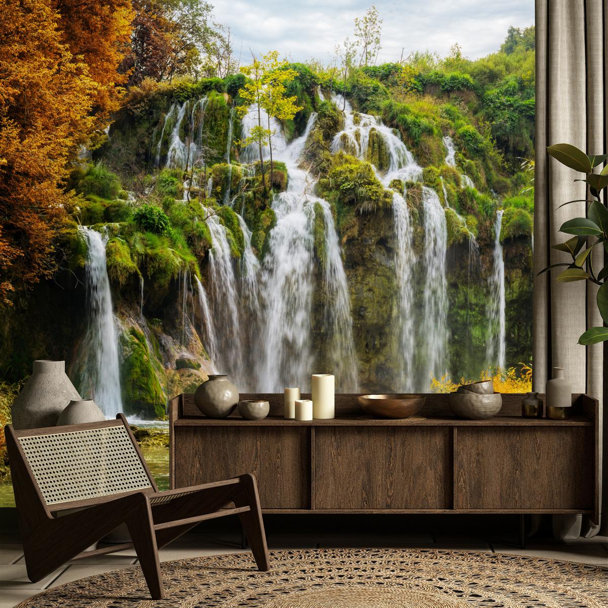 FOTOTAPETE für Esszimmer Exotischer Wasserfall Herbstbaum 450x315 - Gelb/Beige, Papier (450/315cm) - Muralo