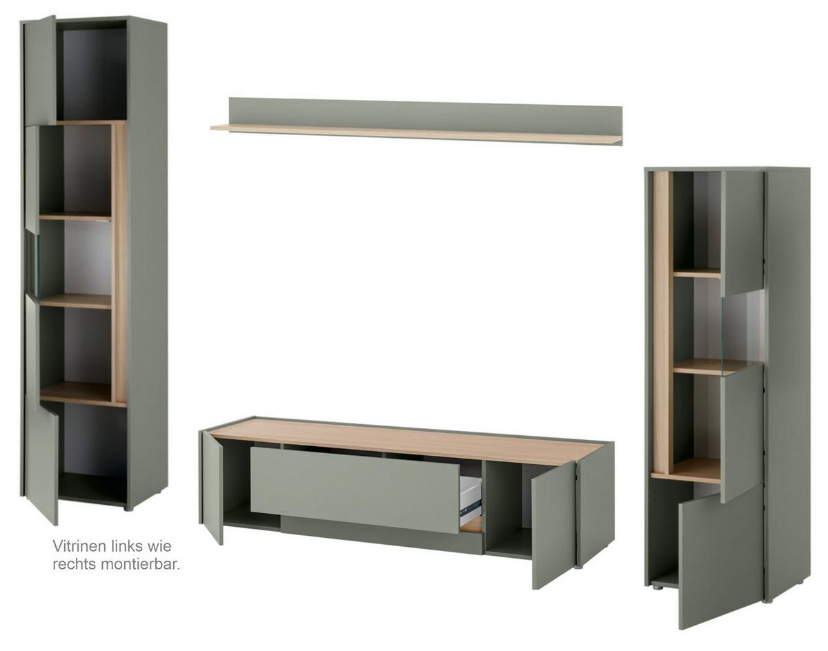 WOHNWAND Set 4-teilig 310 cm, Salbei grün, Eiche Barista, Komplettset mit viel Stauraum - Salbeigrün/Eichefarben, Glas/Holzwerkstoff (310/197/45cm) - Furn.Design