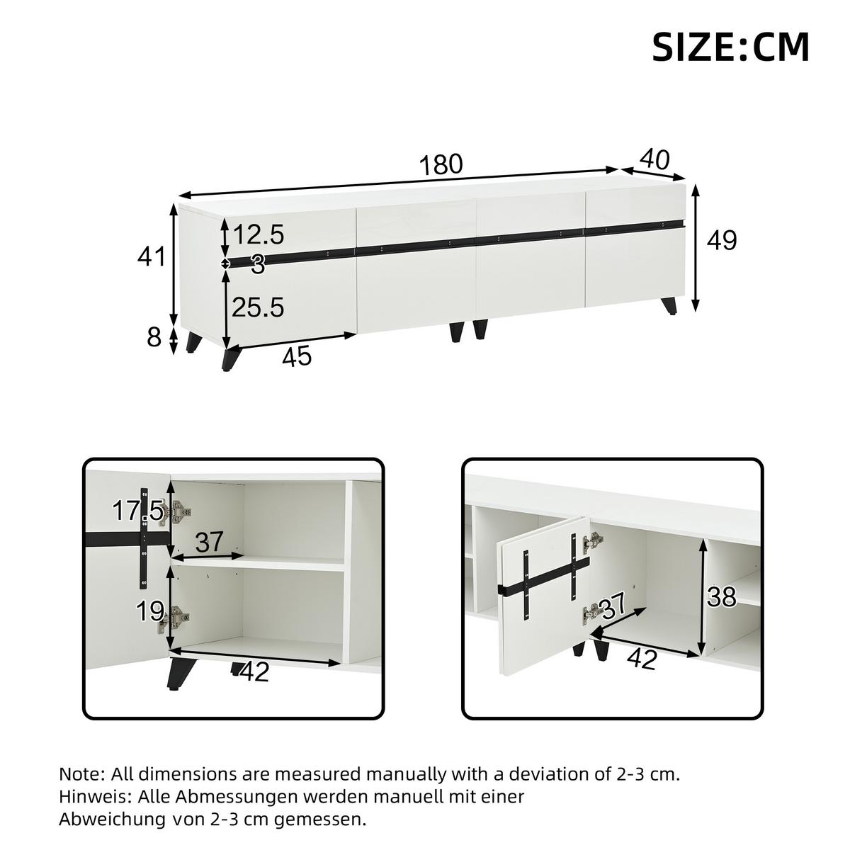 TV-SCHRANK 180 cm Hochglanz mit 4 Schränken & 8 Tischbeinen Für 80-Zoll Fernseher, verstellbare Trennwände, Stauraum - Weiß, Holzwerkstoff (180/49/40cm) - Urban Meuble