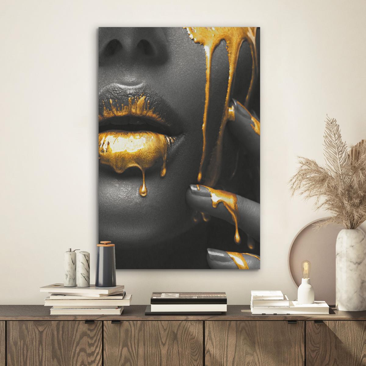 AKUSTIKBILD Frau - Schwarz - Gold - Gesicht - Lippen Kunstdruck Schlafzimmer 50x70 cm - Goldfarben, Kunststoff (50/70/0.9cm) - MuchoWow