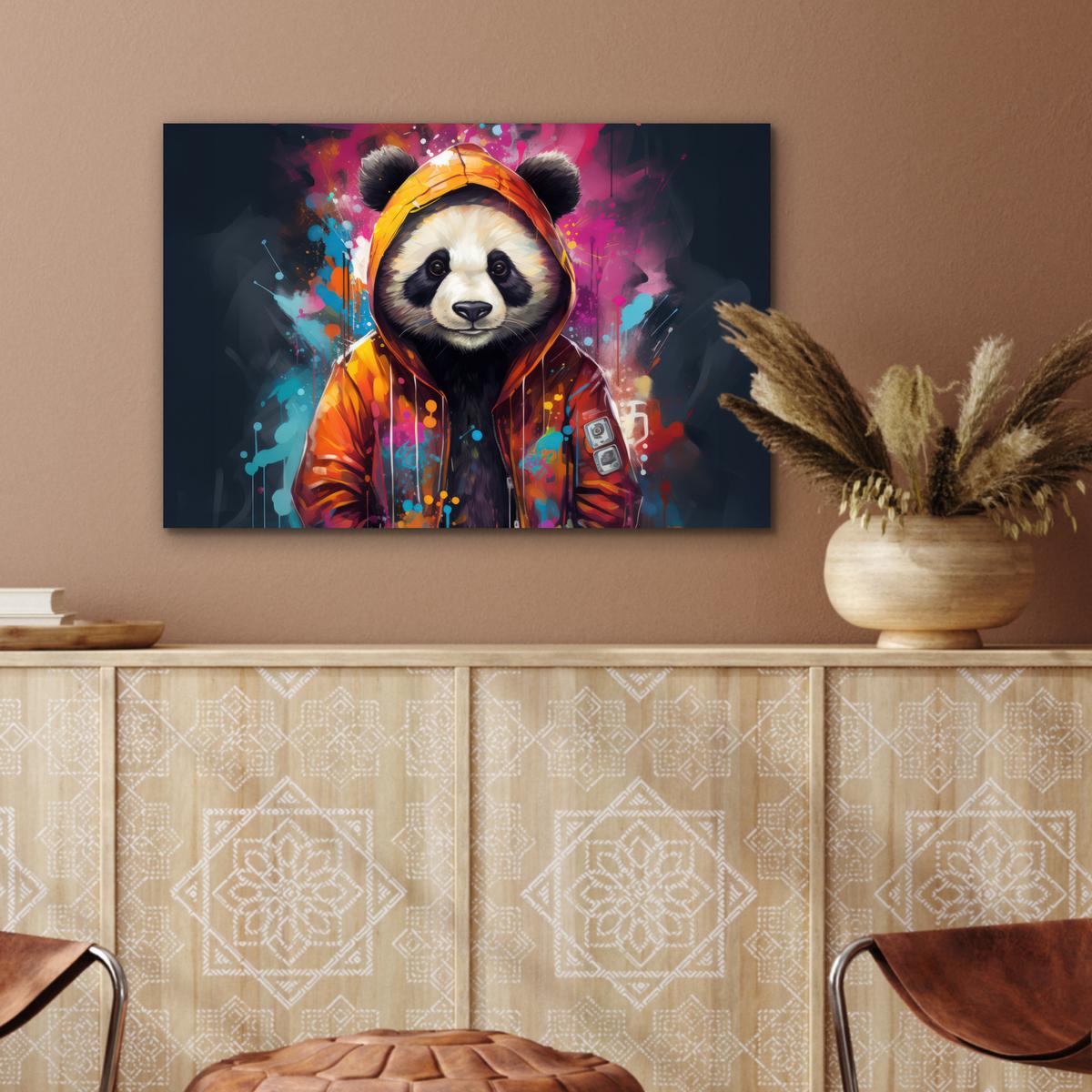 METALLBILD Panda - Jacke - Graffiti - Orange Wandbild 60x40 cm - Orange, Metall (60/40cm) - MuchoWow