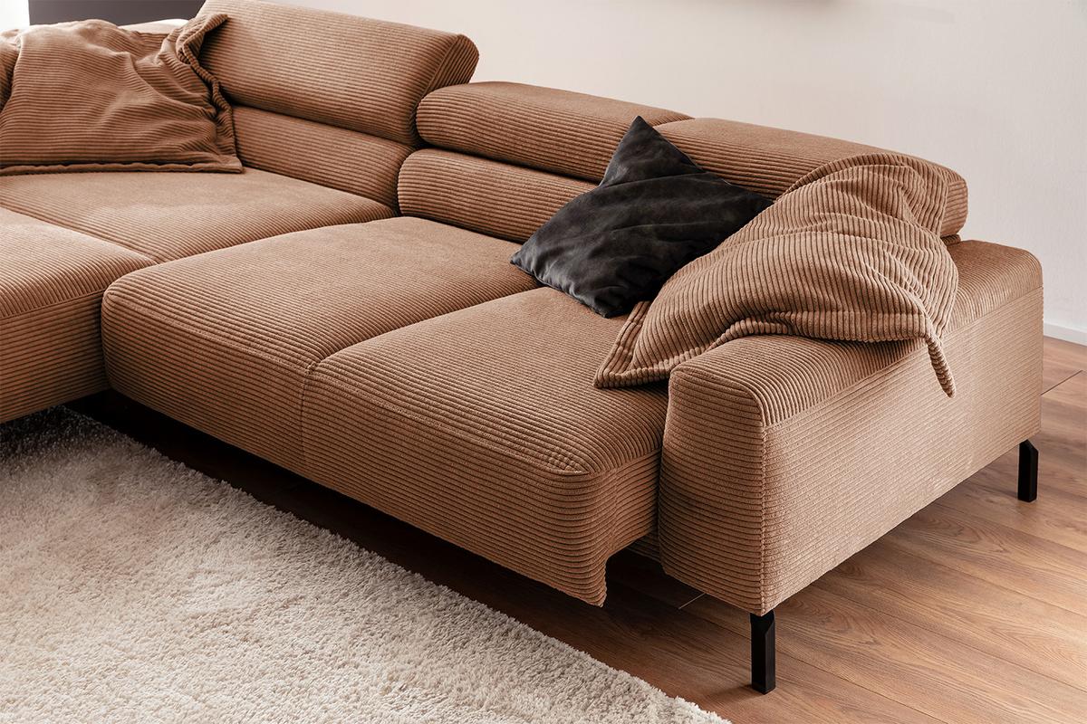 ECKSOFA DELIA Braun Cord Relaxfunktion - Schwarz/Braun, Textil/Metall (276/219cm) - KAWOLA