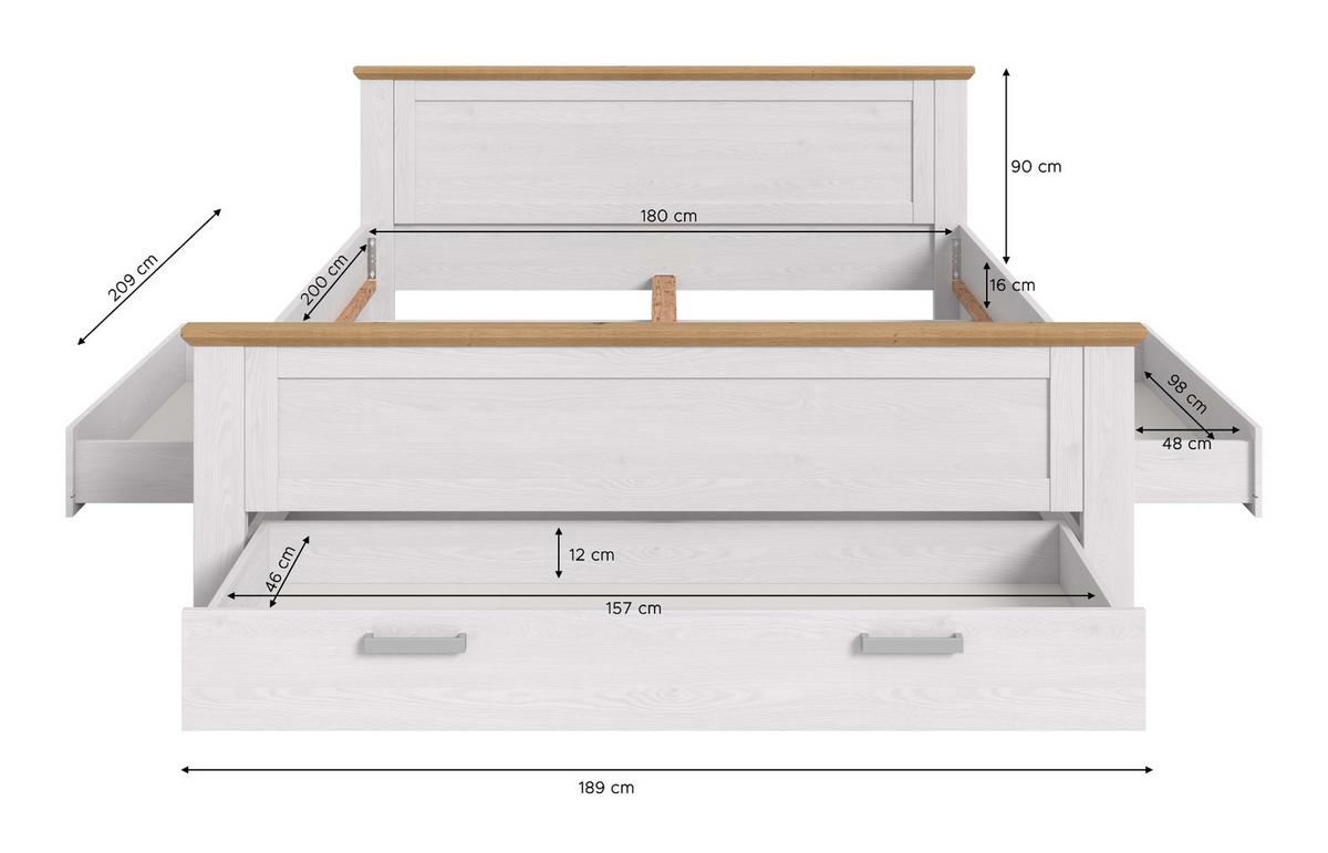 BETT weiß Lärche, Eiche Artisan Landhaus Liegefläche 180 x 200 cm, Doppelbett mit 3 Bettschubkästen - Eichefarben/Weiß, Holzwerkstoff/Metall (180/200cm) - Inn.Furn