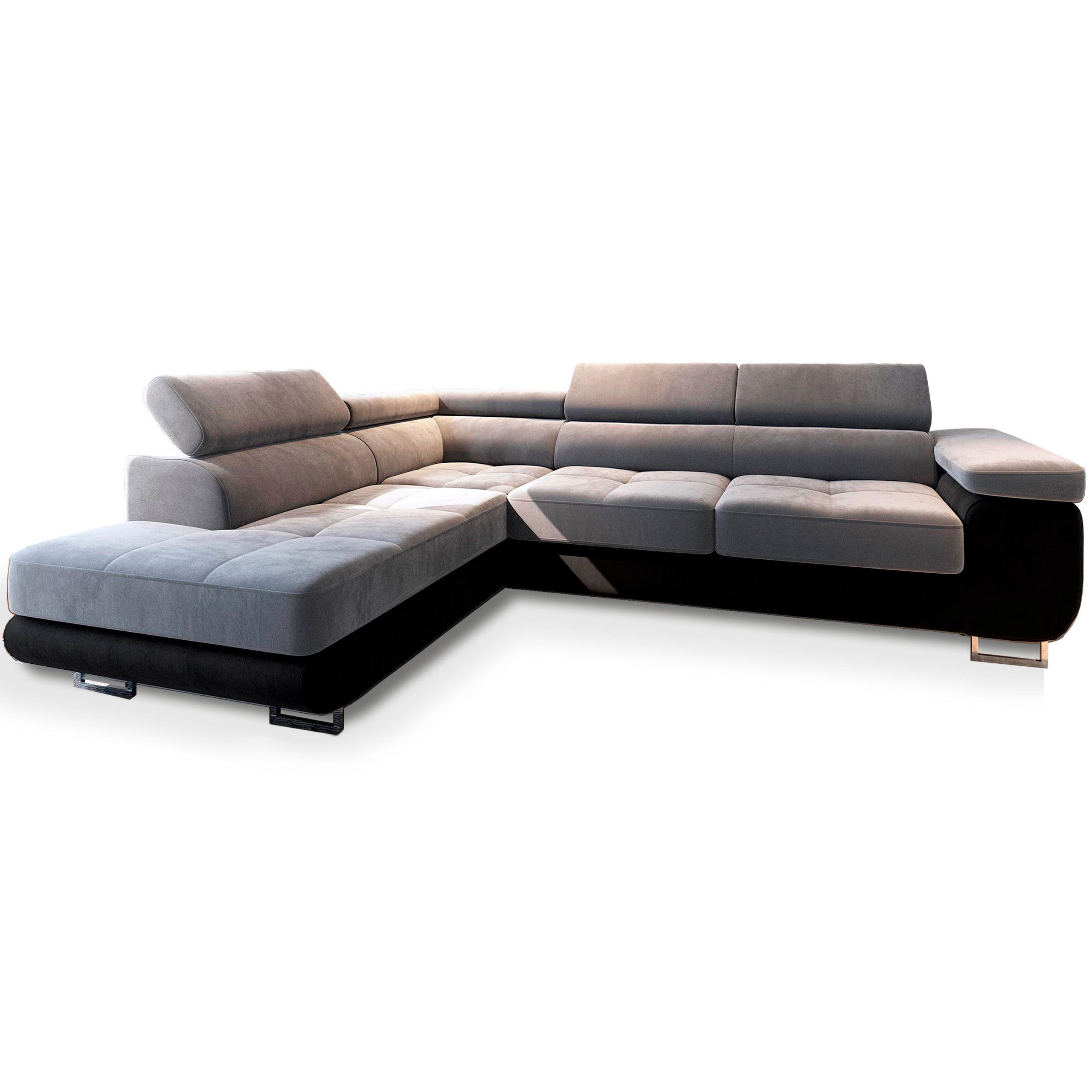 ECKSOFA SELVA Hellgrau+Schwarz Velours-Stoff mit Schlaffunktion - Hellgrau/Schwarz, Holz (277/202cm) - MASSENO