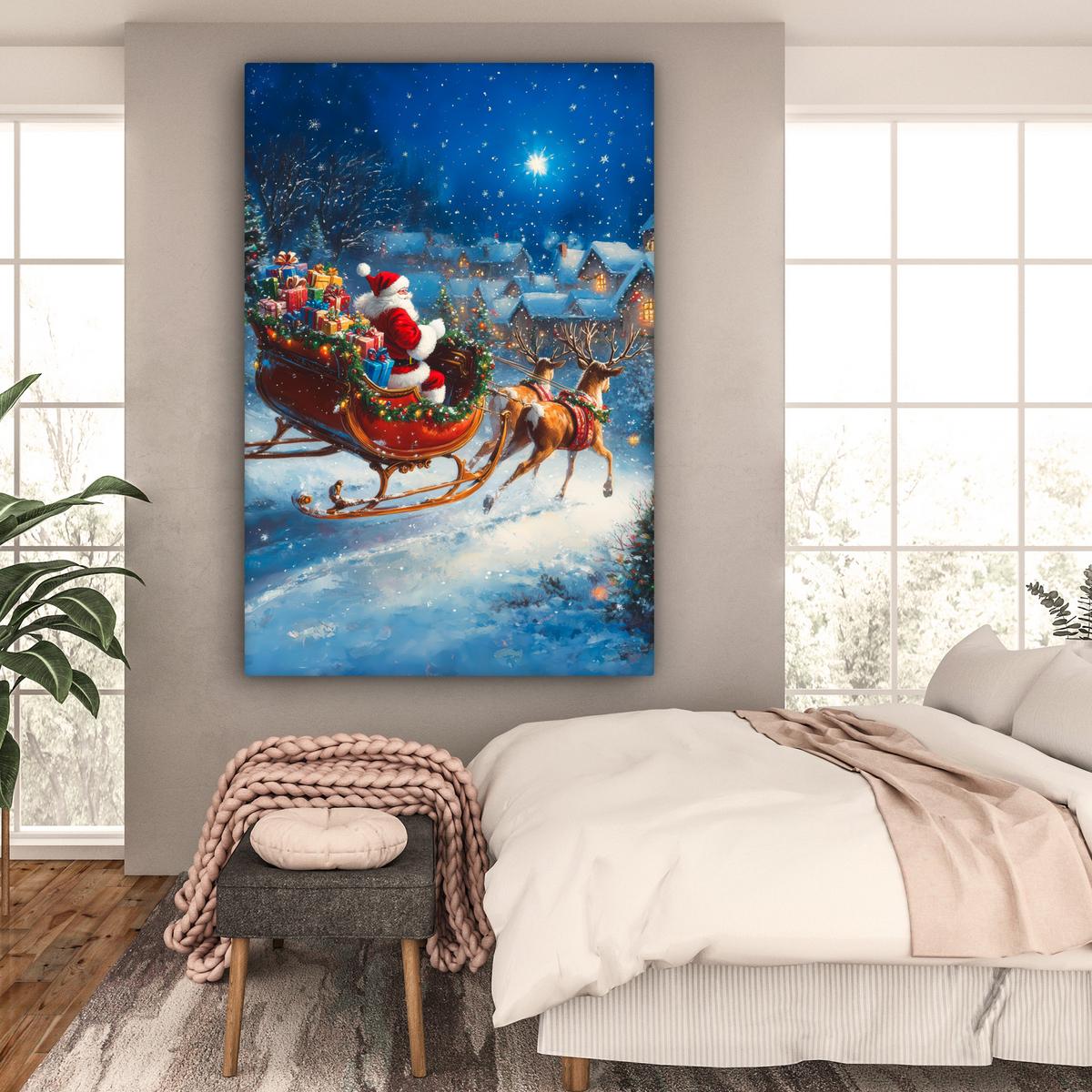 LEINWANDBILD Weihnachtsmann - Rentier - Weihnachten - Schnee Deko Groß 90x140 cm - Cognac, Textil (90/140cm) - MuchoWow