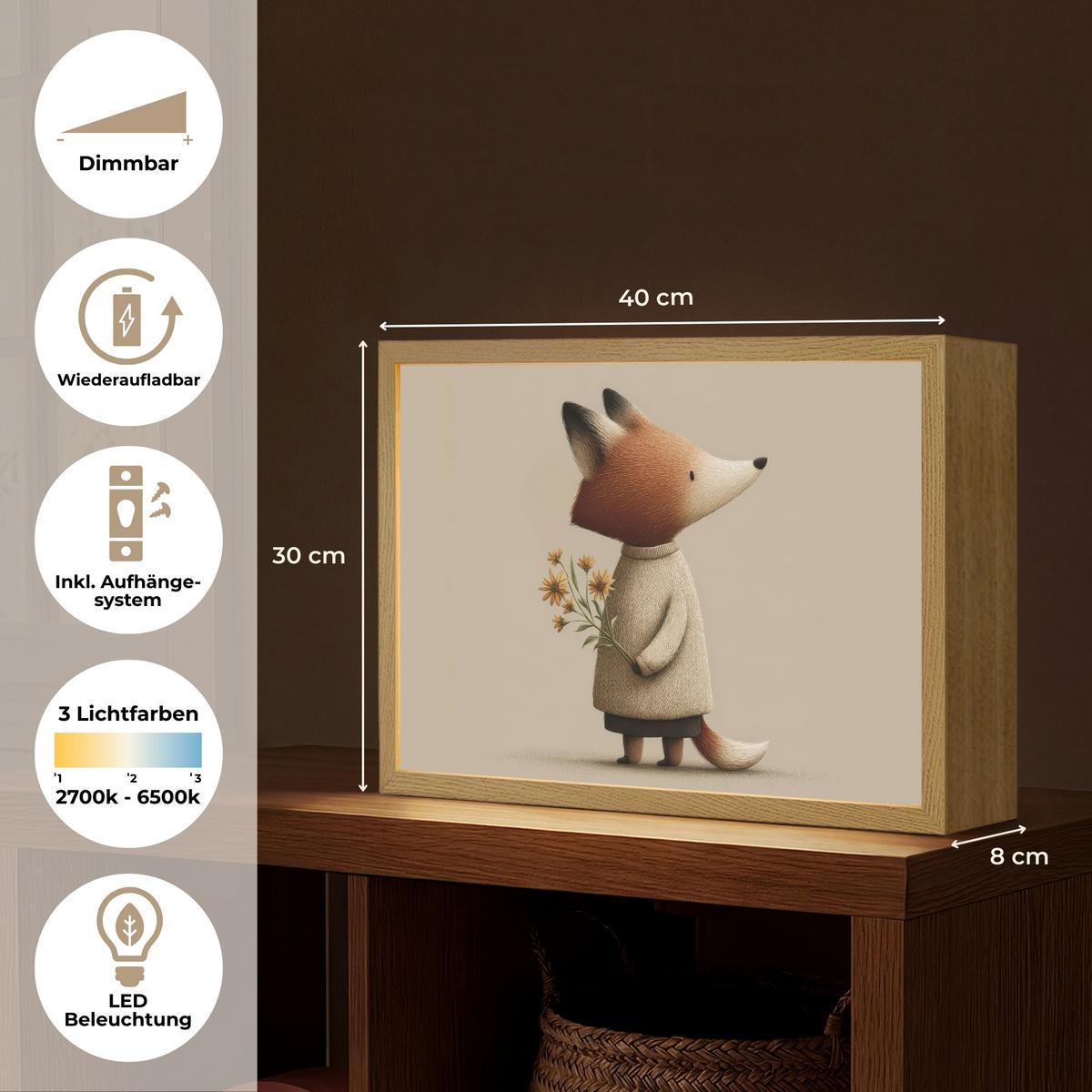 WANDLEUCHTE MIT AKKU Fuchs - Gelbe Blumen - Minimalistisch 40x30 cm - Taupe, Holzwerkstoff (40/30/8cm) - OnlyWow