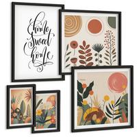 BILDER SET 5er Set - 50x50 cm & 20x30 cm & 40x60 cm Schwarzer Rahmen - Pastellfarbene Pflanzenmuster - Schwarz, Kunststoff (40/60cm) - TULUP