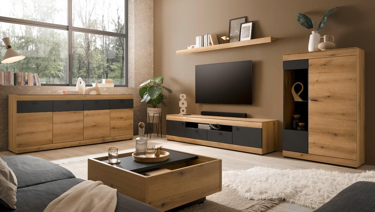 WOHNWAND Eiche, grau 300 cm 3-teilig, Schrankwand mit Soft-Close - Kaschmir/Eichefarben, Glas/Holzwerkstoff (300/170/45cm) - Furn.Design