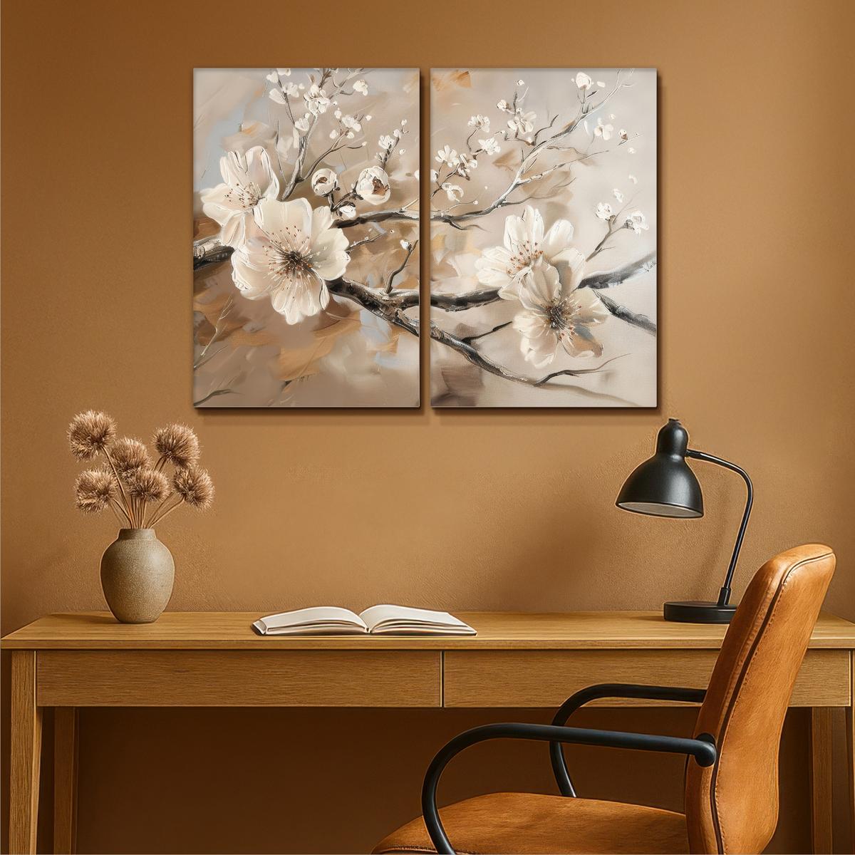 LEINWANDBILD 2er Set Blüte - Beige - Abstrakt - Blumen 80x60 cm - Hellbraun, Textil (80/60cm) - MuchoWow