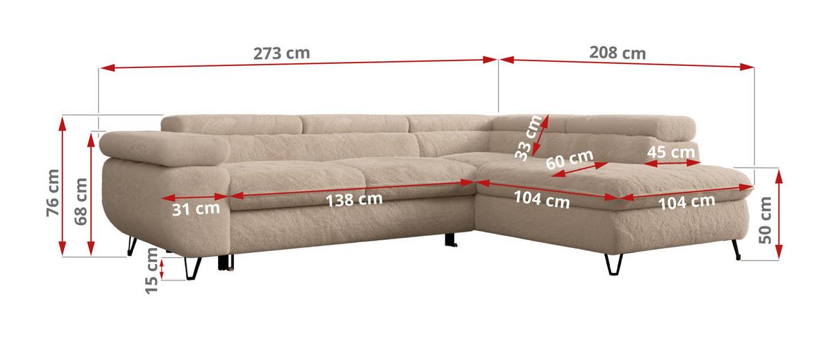 ECKSOFA PETER L Beige Plüsch - Links Seite - Sandfarben/Beige, Textil/Metall (208/273cm) - MKS