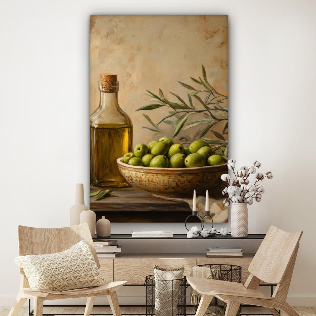 LEINWANDBILD Oliven - Stilleben - Vintage Deko Groß 90x140 cm - Olivgrün, Textil (90/140cm) - MuchoWow