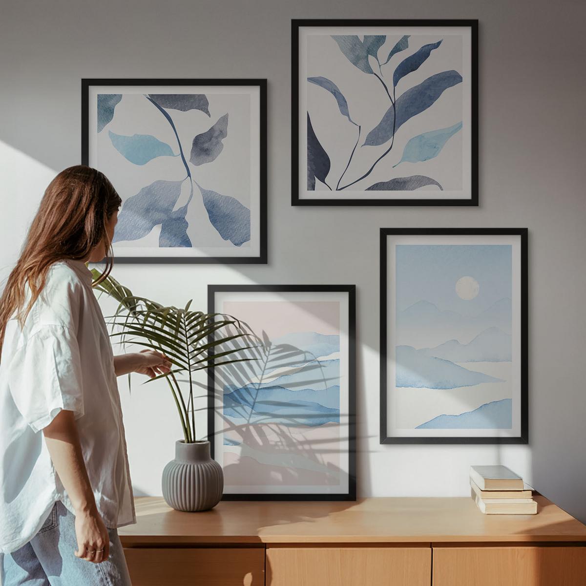 BILDER SET 4er Set - 50x50 cm & 40x60 cm Schwarzer Rahmen - Berglandschaften, Aquarellpflanzen - Schwarz, Kunststoff (50/50cm) - TULUP