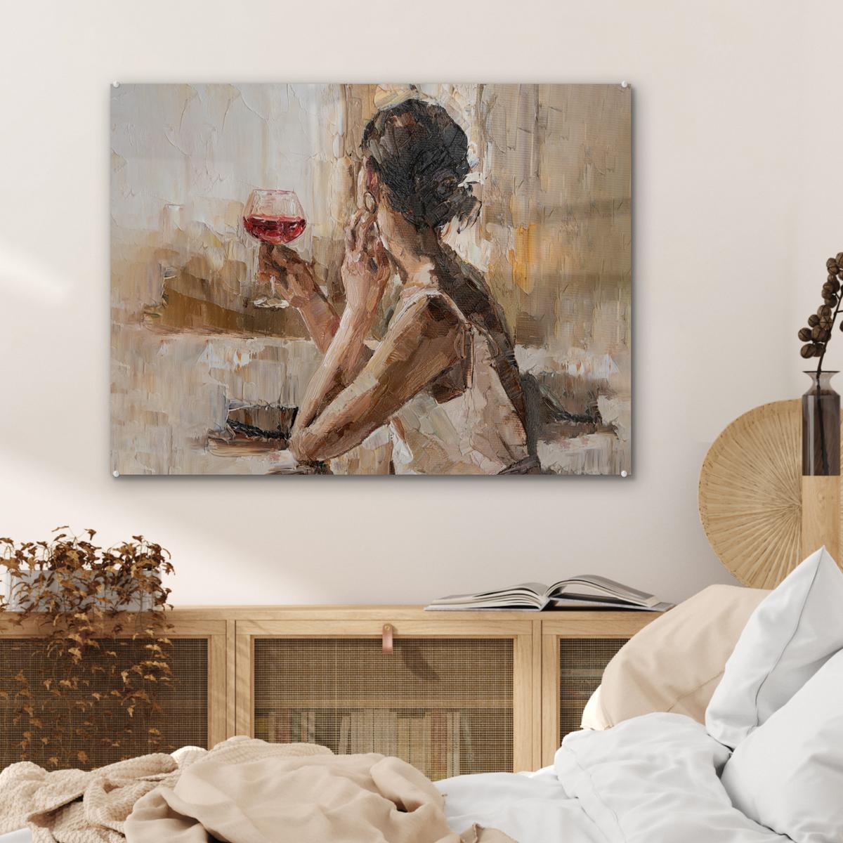ACRYLGLASBILD Ölgemälde - Frau - Wein 80x60 cm - Hellbraun, Glas (80/60cm) - MuchoWow