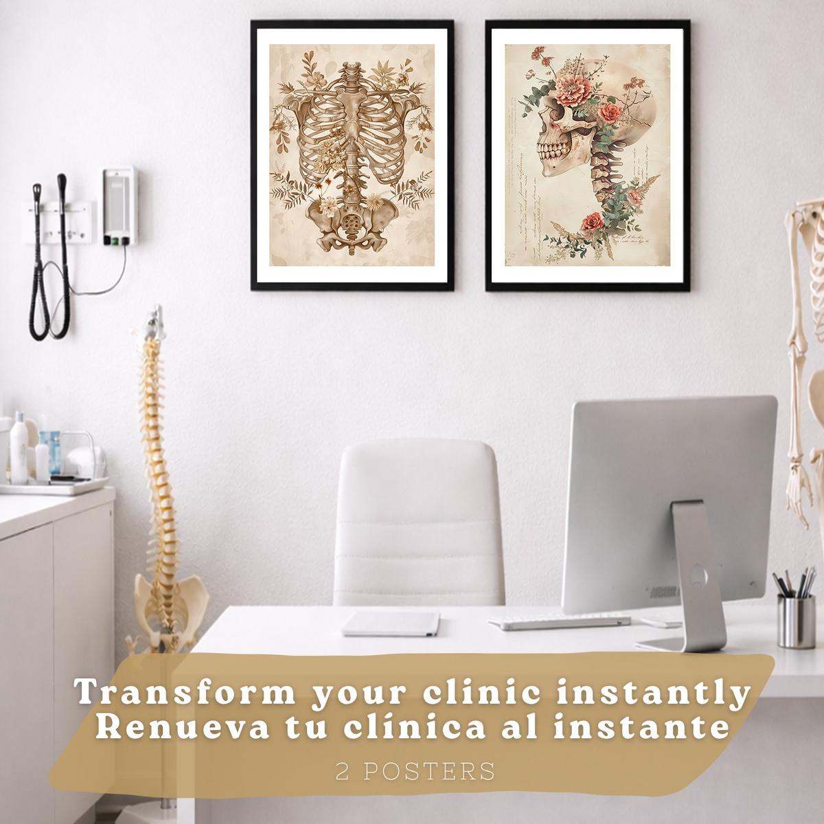 POSTER Set aus 2 Anatomie Mensch Drucke und Wandbilder mit Skelett Schädel Wirbelsäule Rippen Becken Klassischer Stil Größe Schwarzer Rahmen A3 - Schwarz, Papier (29.7/42/3cm) - Nacnic
