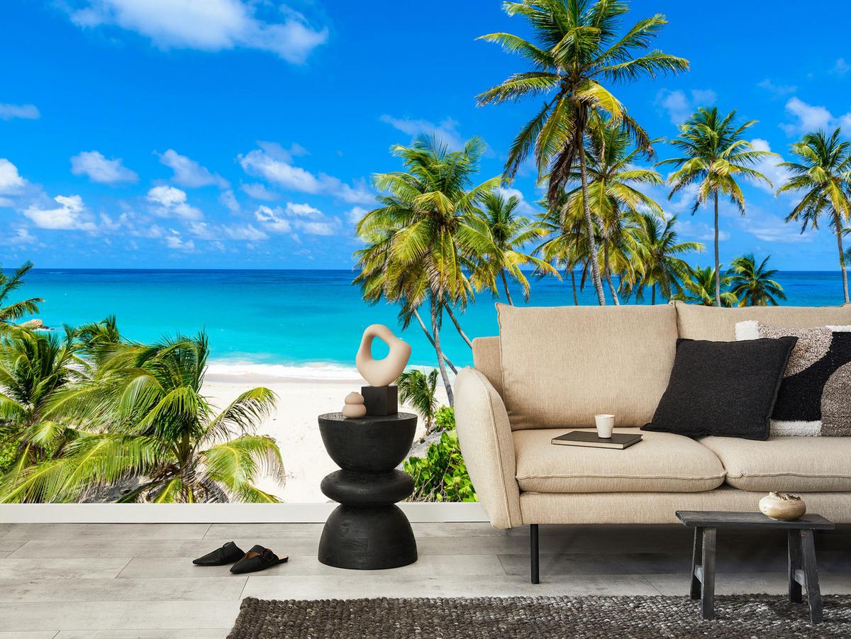 FOTOTAPETE Strand Palmen Ozean Landschaft 3D 300x210 - Blau/Beige, Papier (300/210cm) - Muralo