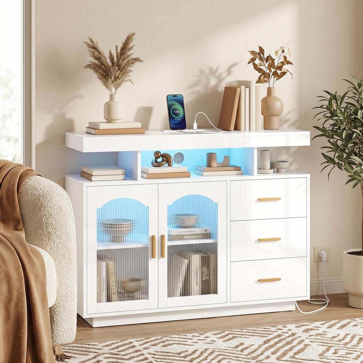 SIDEBOARD MDF Weiß - Weiß Hochglanz/Goldfarben, Holzwerkstoff/Metall (35/80/100cm) - HOMCOM