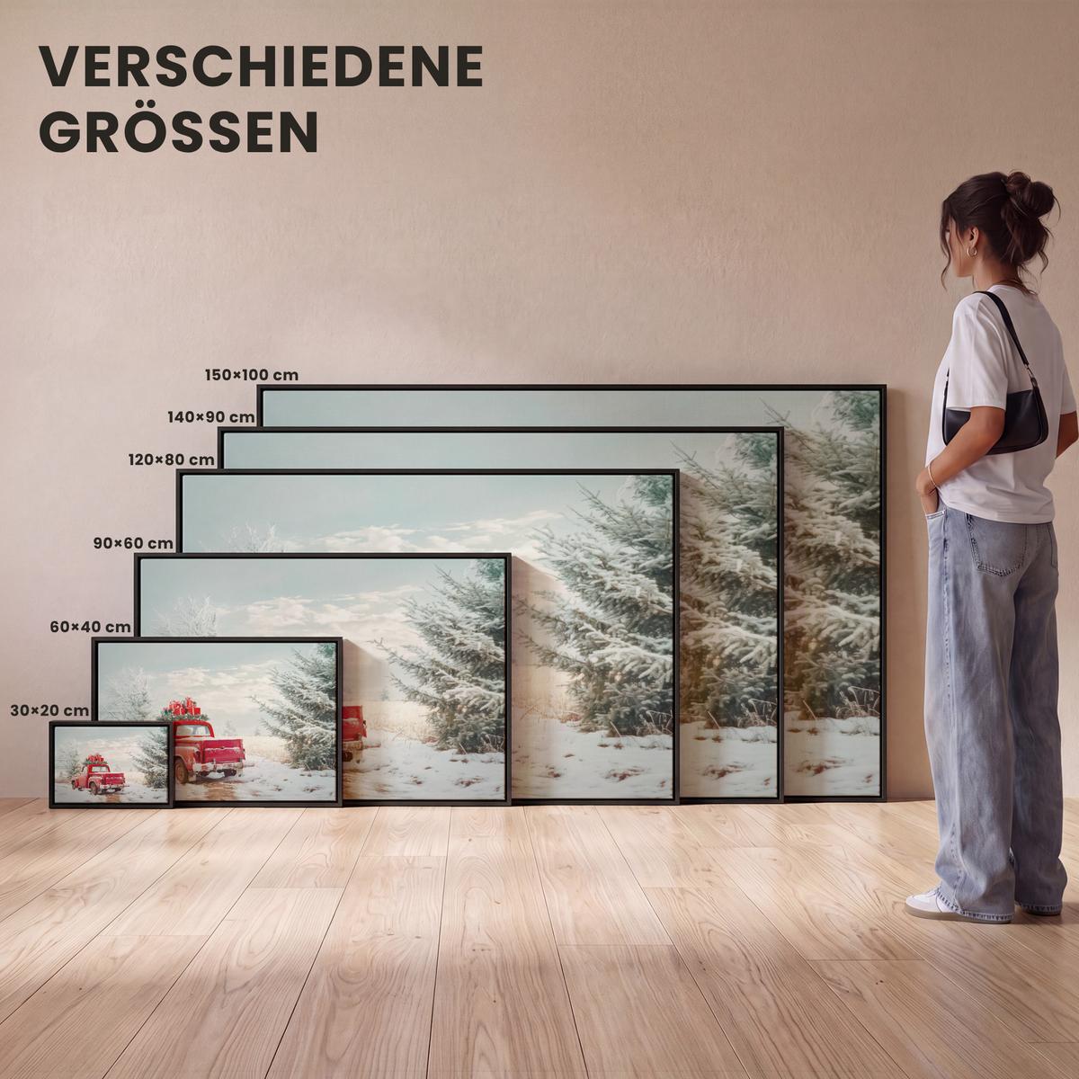 LEINWAND Bilder mit Rahmen - Auto - Rot - Geschenke - Winter - Schnee - Weihnachten - 30x20 - Rot, Textil (30/20cm) - MuchoWow
