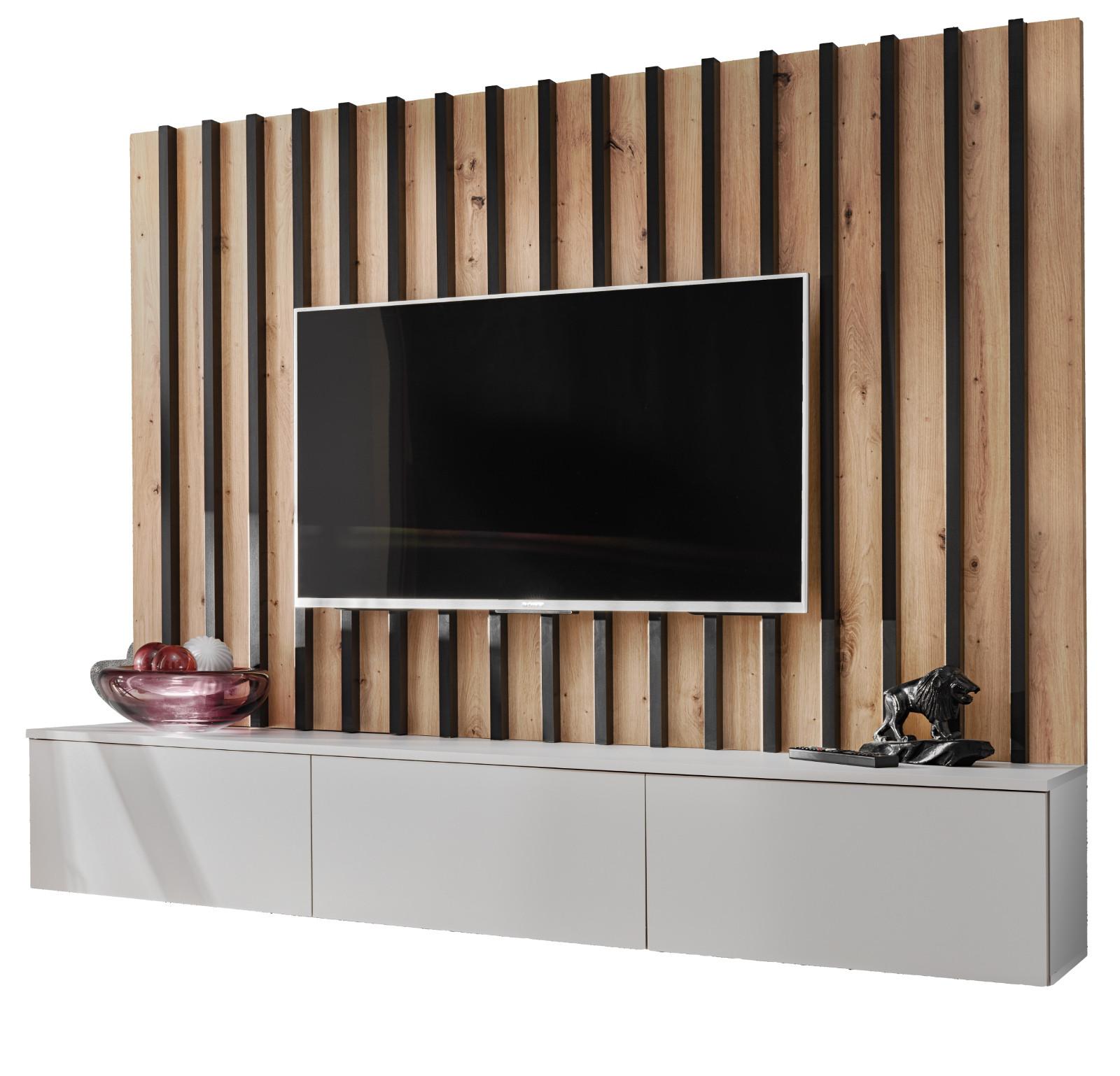 WOHNWAND grau, Artisan Eiche 180 cm, Schrankwand mit Wandpaneel, Push-to-Open - Eiche Artisan/Grau, Holzwerkstoff (180/148/35cm) - Furn.Design