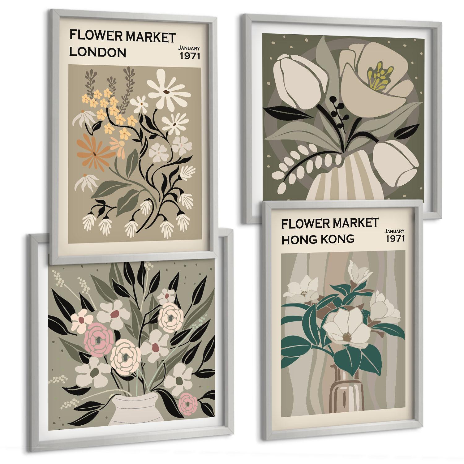 BILDER SET 4er Set - 50x50 cm & 40x60 cm Silberner Rahmen - Blumenillustrationen London Hongkong - Silberfarben, Kunststoff (50/50cm) - TULUP