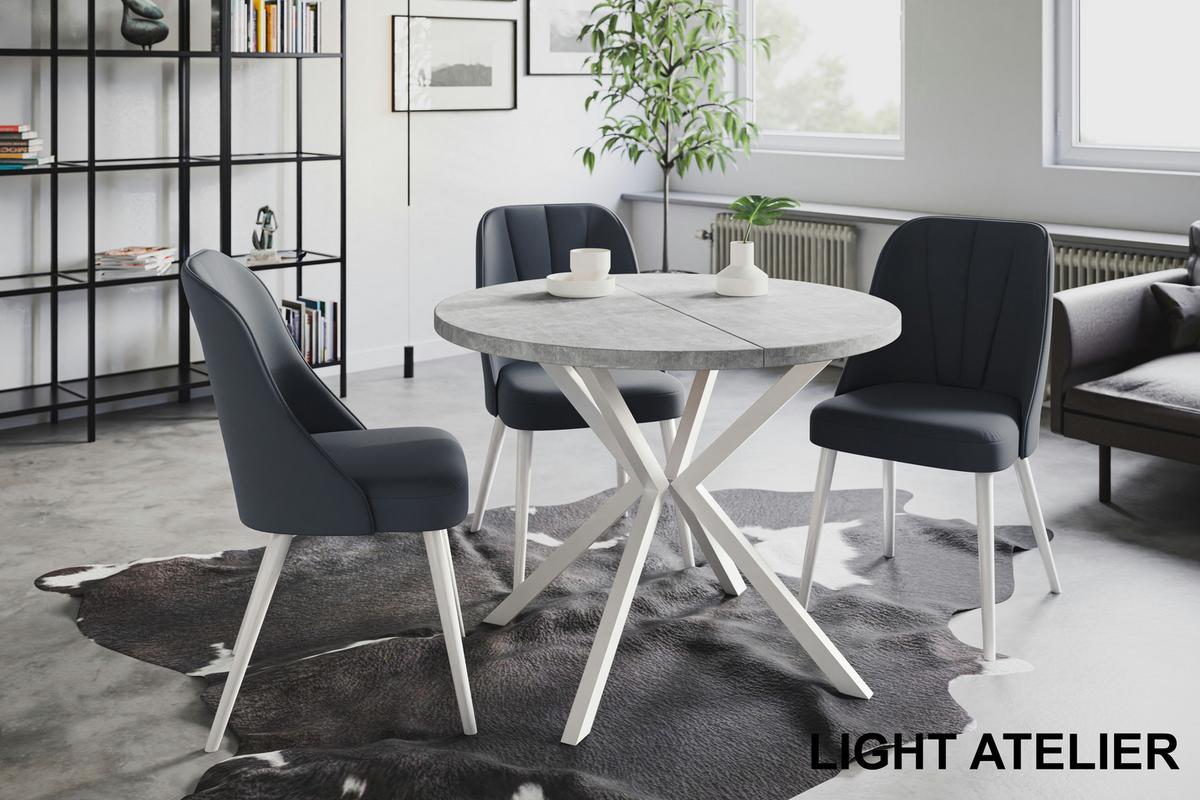 RUNDER Esszimmertisch LOFT LITEN, ausziehbarer Tisch Durchmesser: 100 cm/180 cm, Wohnzimmertisch Farbe: Hellgrau, mit Metallbeinen in Farbe Weiß - Weiß/Grau, Holzwerkstoff (100/100/76cm) - Alpi-Möbel