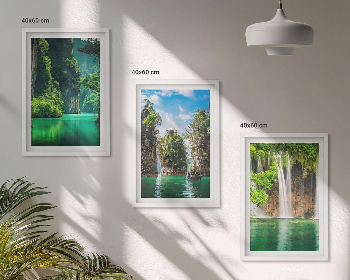 BILDER SET 3er Set - 40x60 cm Weißer Rahmen - Grüne Landschaften, Wasserfälle - Weiß, Kunststoff (40/60cm) - TULUP