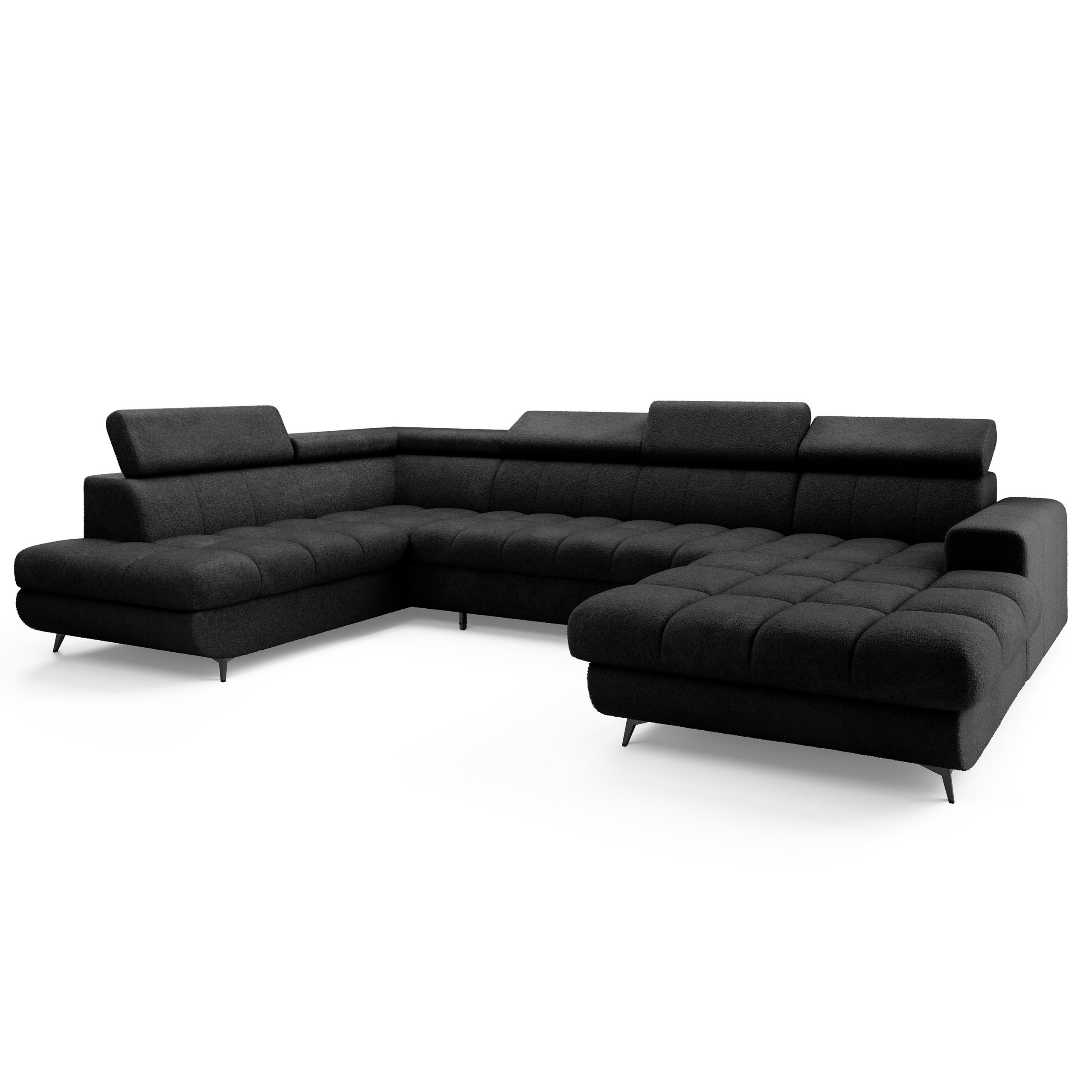 WOHNLANDSCHAFT CORENO Schwarz Boucle-Stoff mit Schlaffunktion - Schwarz, Holz (345/88/190cm) - MASSENO