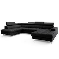 WOHNLANDSCHAFT CORENO Schwarz Boucle-Stoff mit Schlaffunktion - Schwarz, Holz (345/88/190cm) - MASSENO