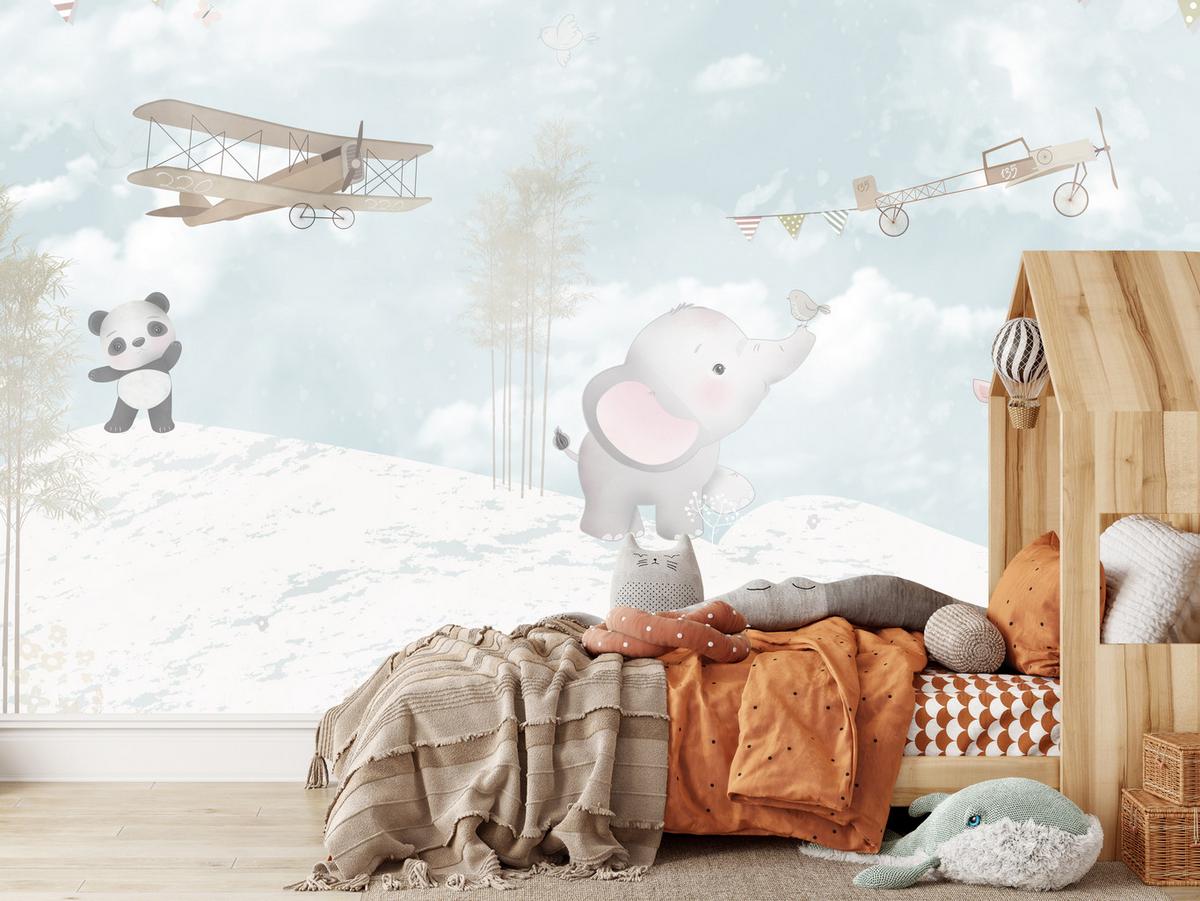 FOTOTAPETE für Kinderzimmer Boho Elefant Panda Giraffe Pflanze Flugzeug 200x140 - Multicolor, Papier (200/140cm) - Muralo