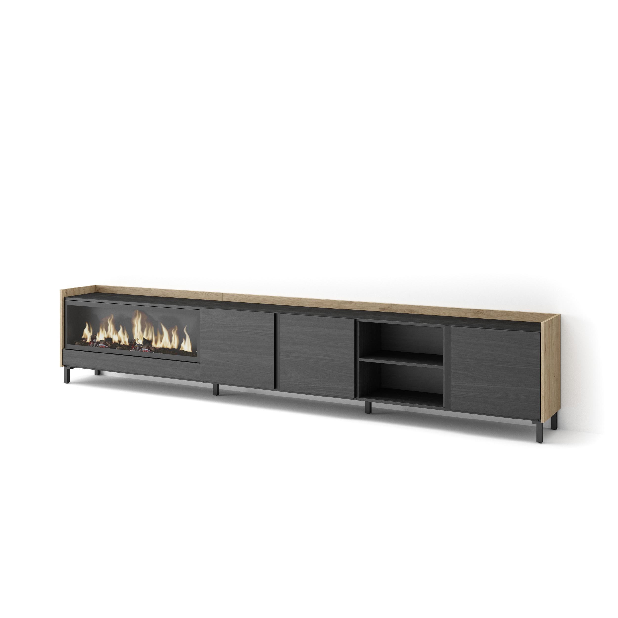 LOWBOARD, Schwarz und Eiche, 315/35/61cm, Kamin mit Feuereffekt XXL - Schwarz, Holzwerkstoff (315/61/35cm) - Skraut Home