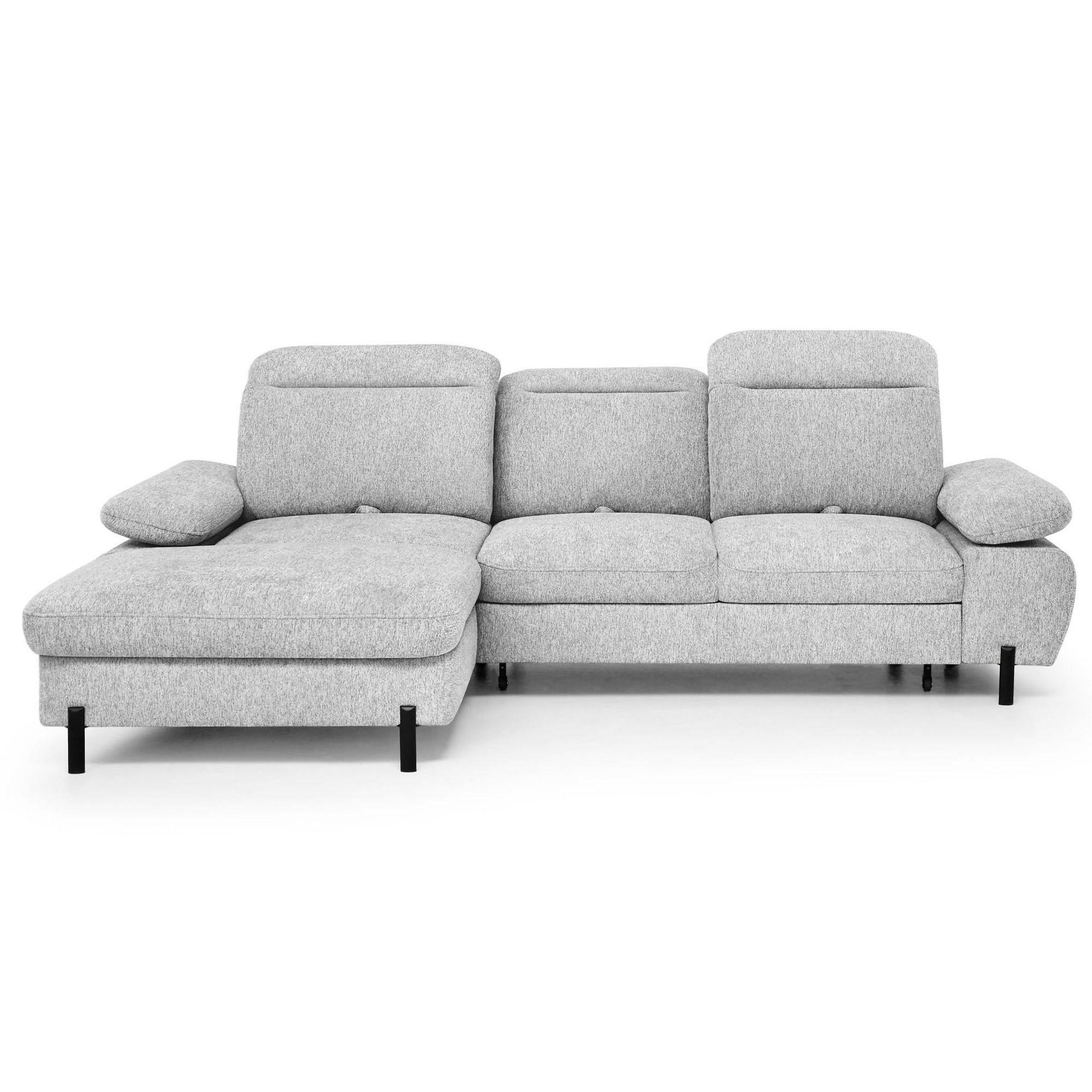ECKSCHLAFSOFA Sora Mini mit verstellbaren Kopfstützen und Schlaffunktion, Chenille-Stoff, Hellgrau, Links - Hellgrau/Schwarz, Textil (285/190cm) - Beautysofa