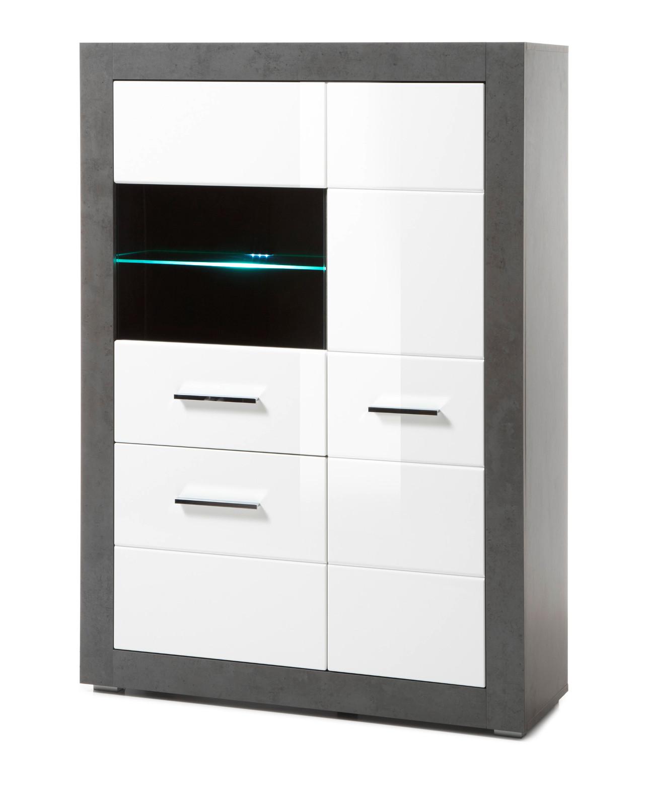 VITRINE weiß Hochglanz, grau Stone 100 cm, Vitrinenschrank 3-türig - Chromfarben/Weiß Hochglanz, Glas/Holzwerkstoff (100/142/35cm) - Furn.Design
