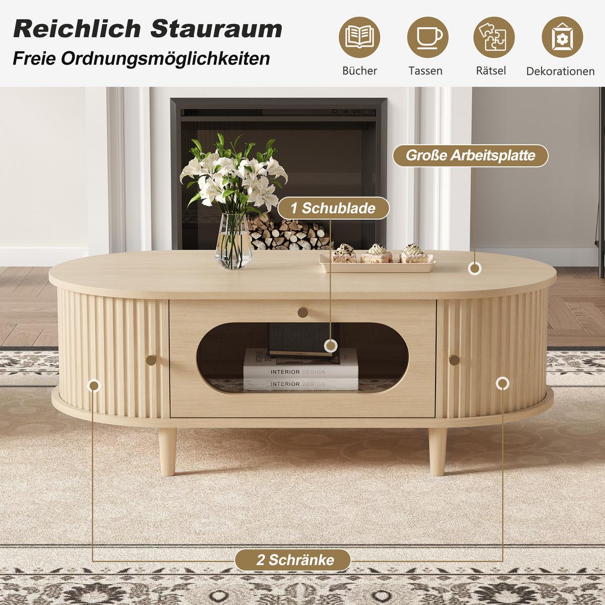 COUCHTISCH in Eiche-Optik – Ovales Design mit Glasschublade & Rolltüren - Eichefarben, Holzwerkstoff (50/100/36cm) - Urban Meuble
